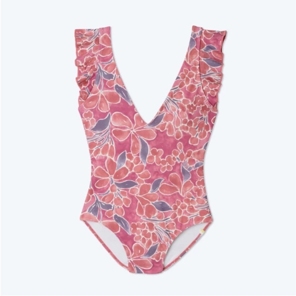 Floral Ruffle Shoulder One-Piece Swimsuit - Pink - Picture 2 of 9